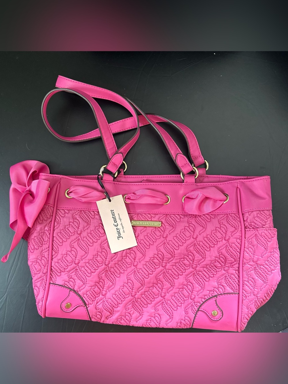 NWT - Juicy Couture Hot Pink Quilted Tote Purse with Bow Accent
